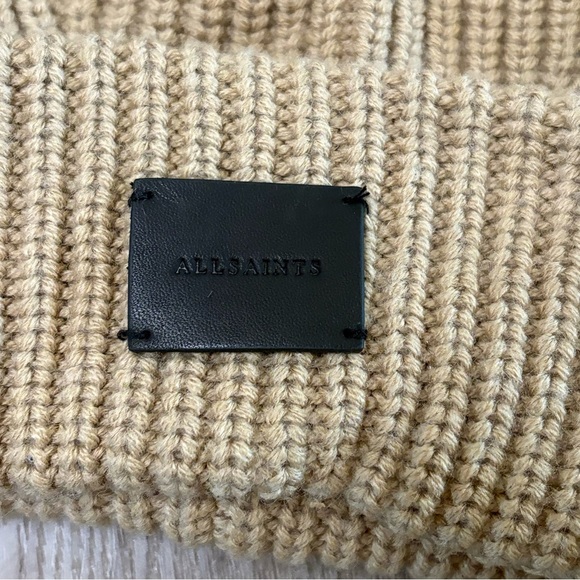 ALLSAINTS TRAVELING RIB KNIT BEANIE HAT WOOL BLEND TAN STOCKING CAP QUIET LUXURY - Picture 2 of 7